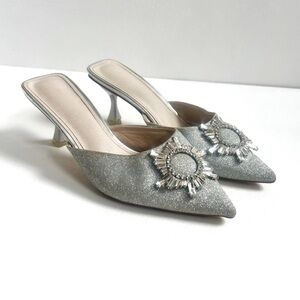 Vintage Silver Pointed Toe Glitter Mule Heels with Crystal Sunburst